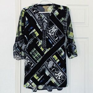 VALERIE STEVENS TUNIC DRESS BEADED EMBELLISHED V NECKLINE  BLACK GEOMETRIC PRINT